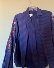 Load image into Gallery viewer, Blue Button Up with Flowers on sleeves
