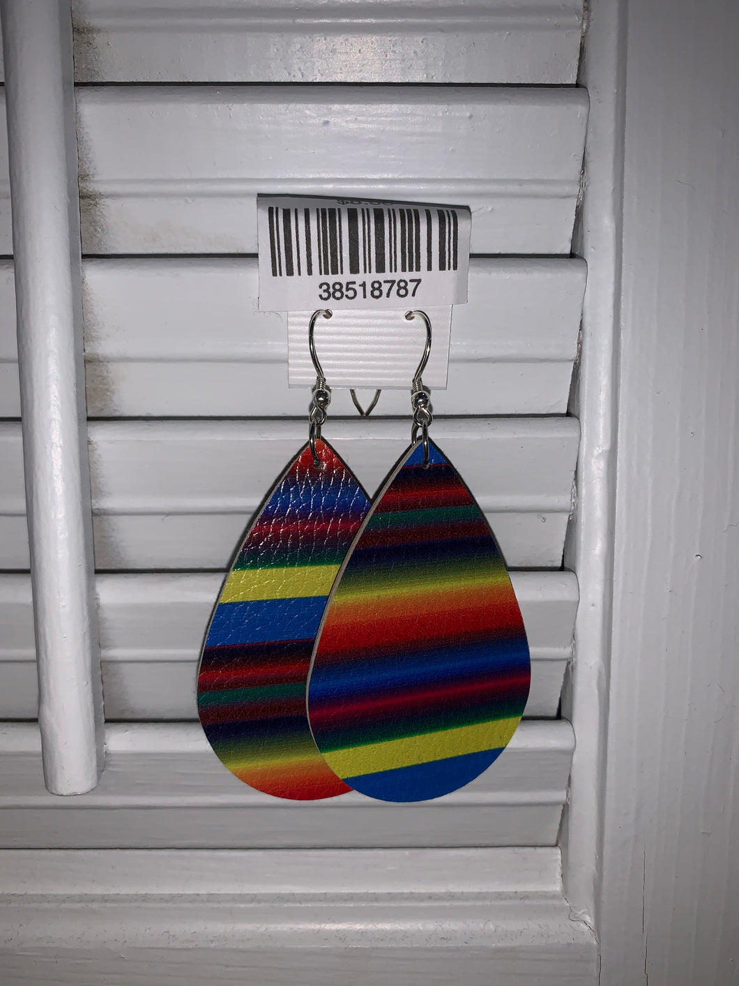 Red blue and yellow striped leather earrings