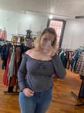 Load image into Gallery viewer, Blue and white off shoulder striped Crop Top
