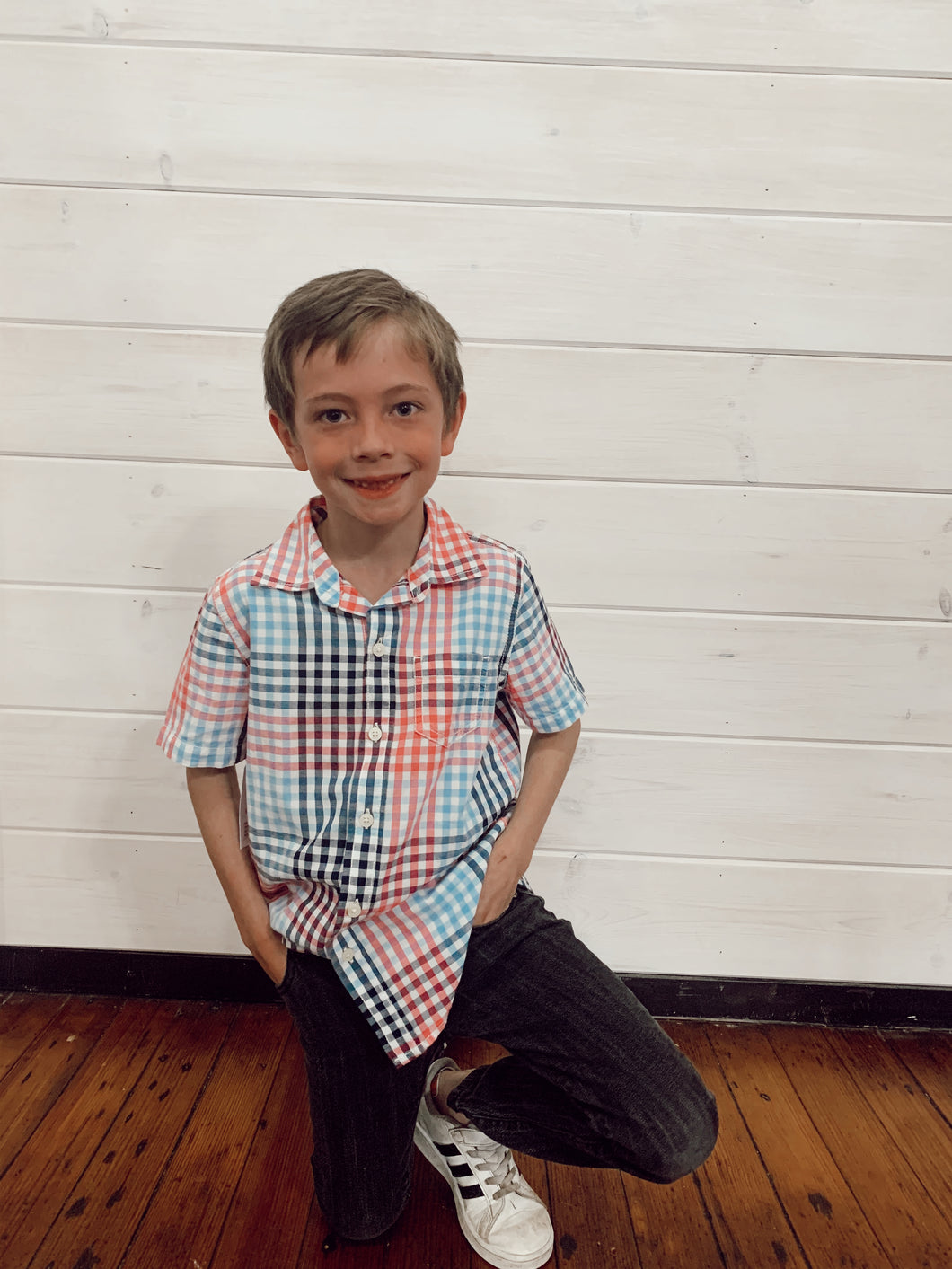 Red white and blue plaid shirt